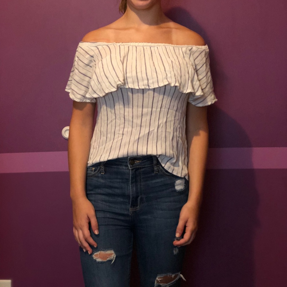 Blue & White Striped Off The Shoulder Top